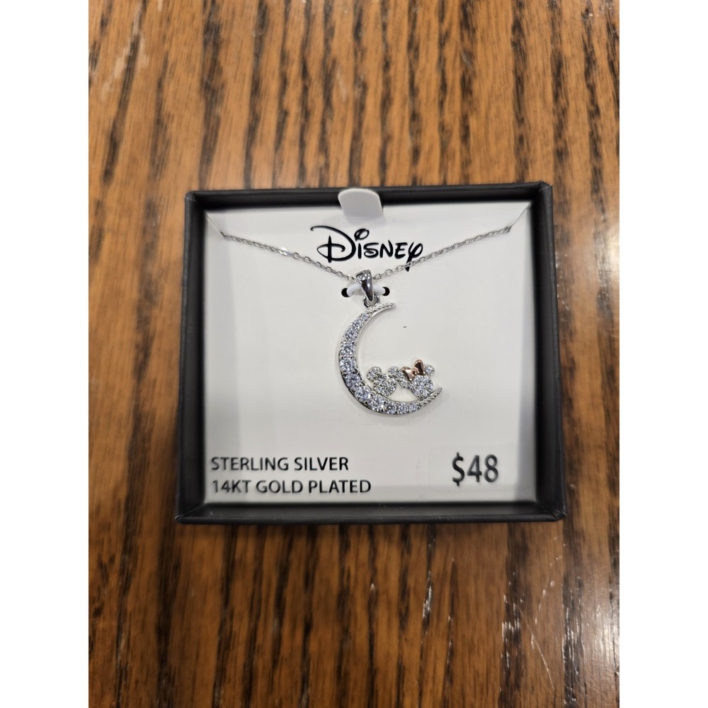 New Disney 14K Gold Plated Sterling‎ Mickey Minnie Moon Necklace 16" Adj Chain